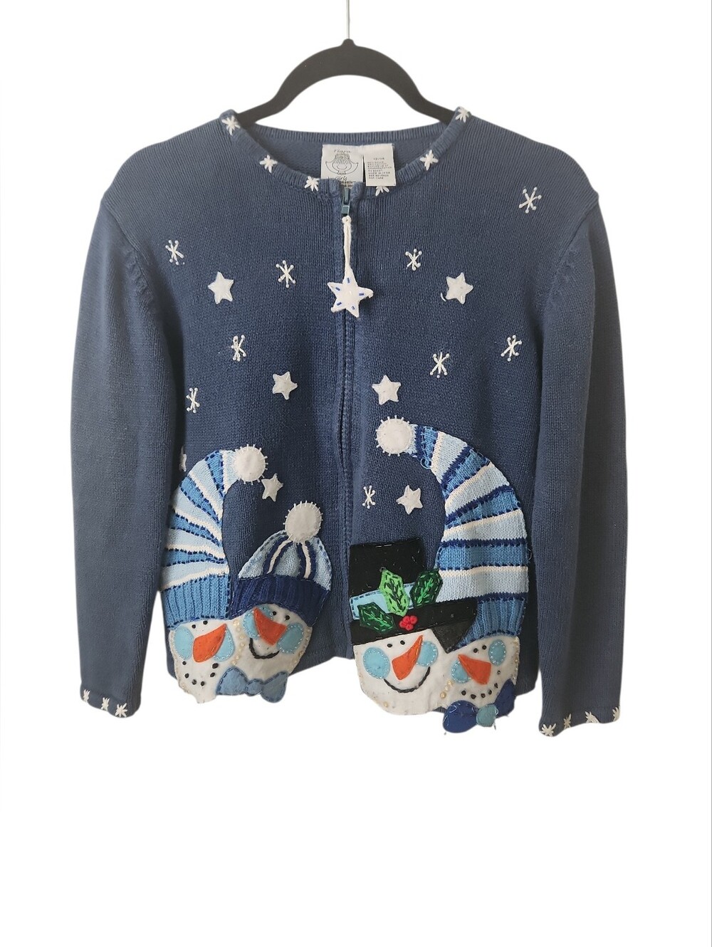 Tiara International Blue Snowman Zip-Up Holiday Cardigan Sweater Size 12/14